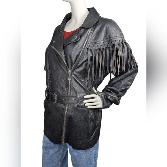 Vintage Black Leather Fringe Belted Biker Jacket By Cosa Nova | Women’s Large - Picture 3 of 9
